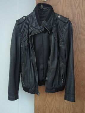 Guess Black Leather Moto Jacket with Zip Details